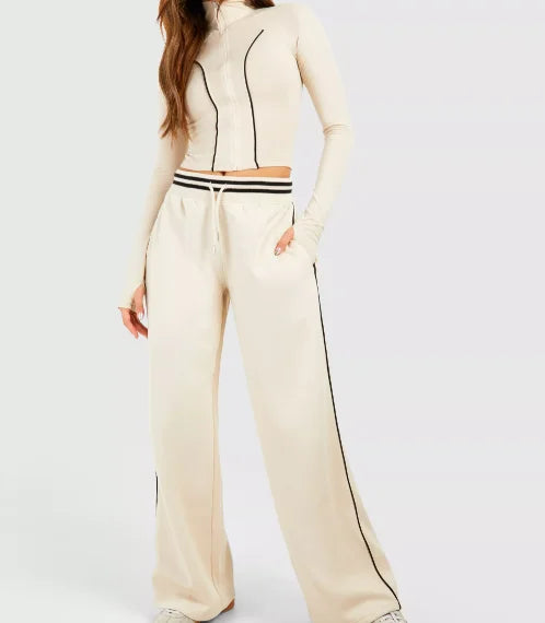 High-quality Women's Piping Detail Zip Through Top and Straight Leg Jogger Set 2 Piece Outfits