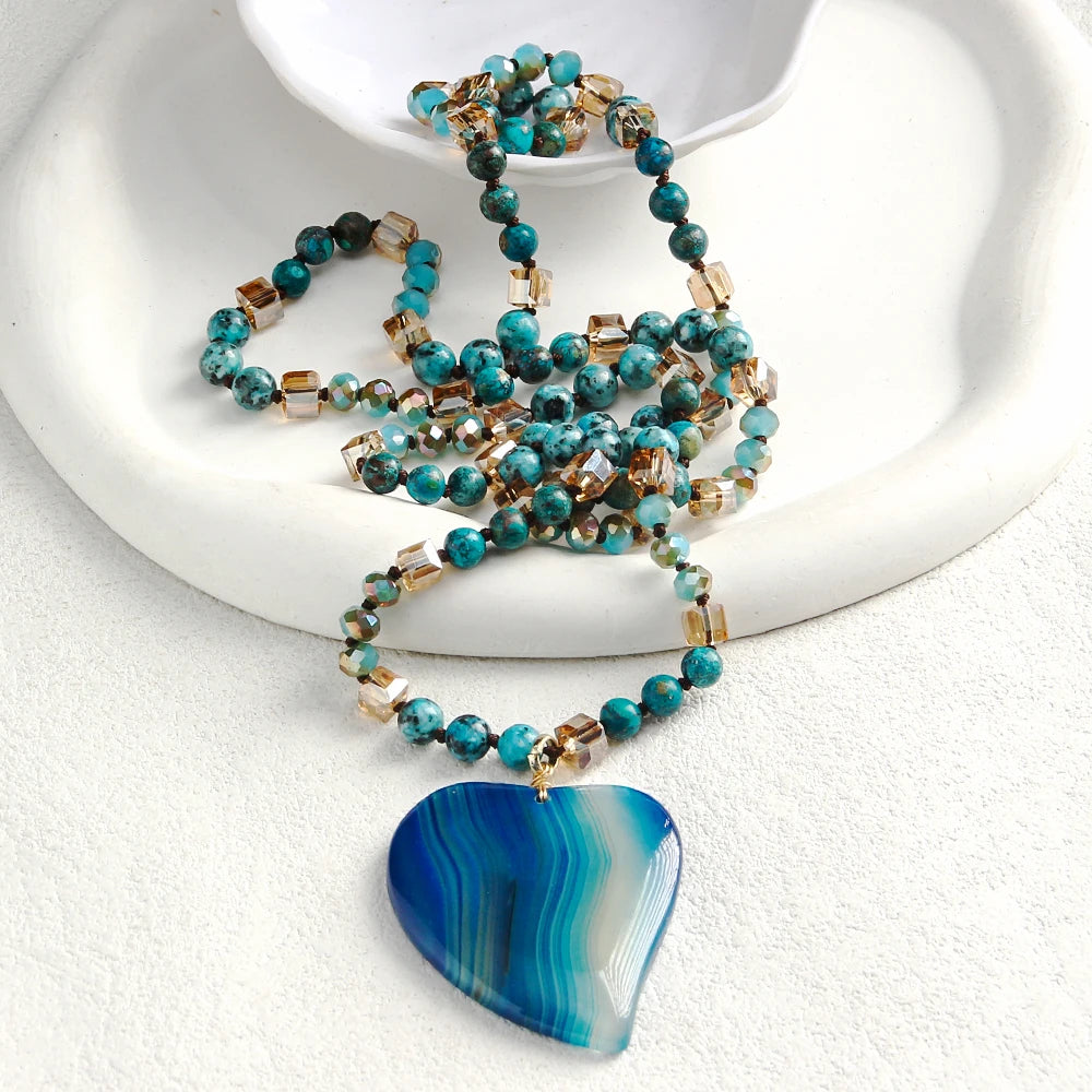 New Fashion Bohemian Women Autumn/Winter 6mm Natural Stone Glass Knot Necklace Heart Agate Pendant Necklace