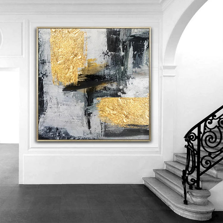 Large Size Modern Original Wall Art Black and Gold Abstract Oil Paintings on Canvas Contemporary Style
