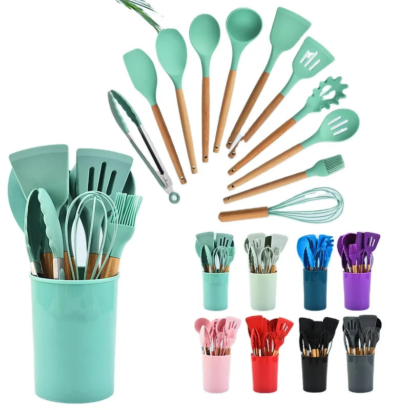 Heat Resistance 12 Piece Nonstick Eco-Friendly Bamboo Handle Silicone Tongs Kitchen Utensils Set Holder Wholesale