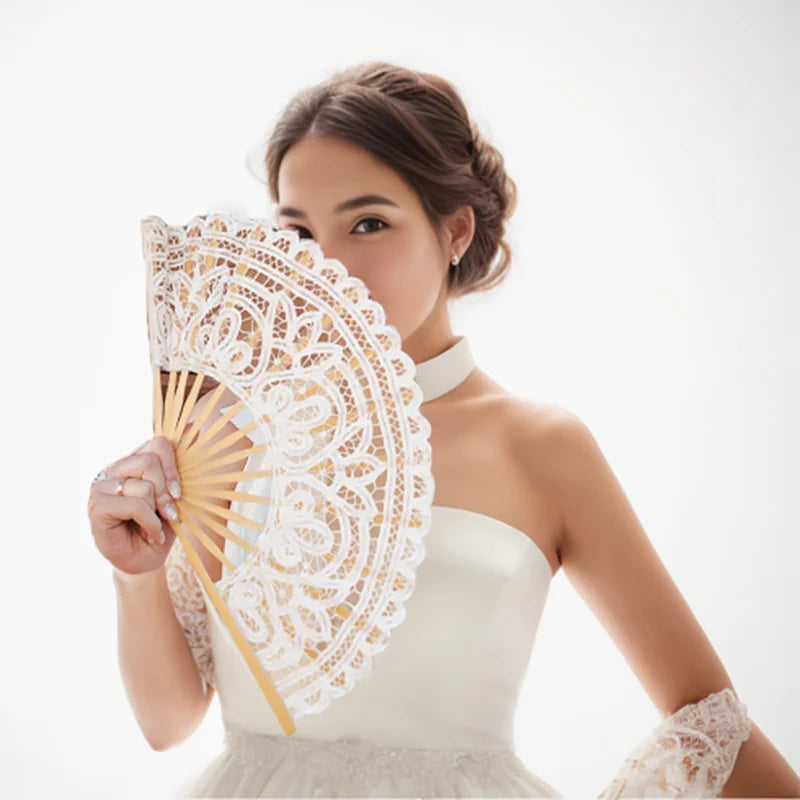 White Embroidery Cross Stitch Chinese Dance Yarn Party Wedding Bamboo Folding Lace Fabric Retro Craft Gift Bride Home Decoration
