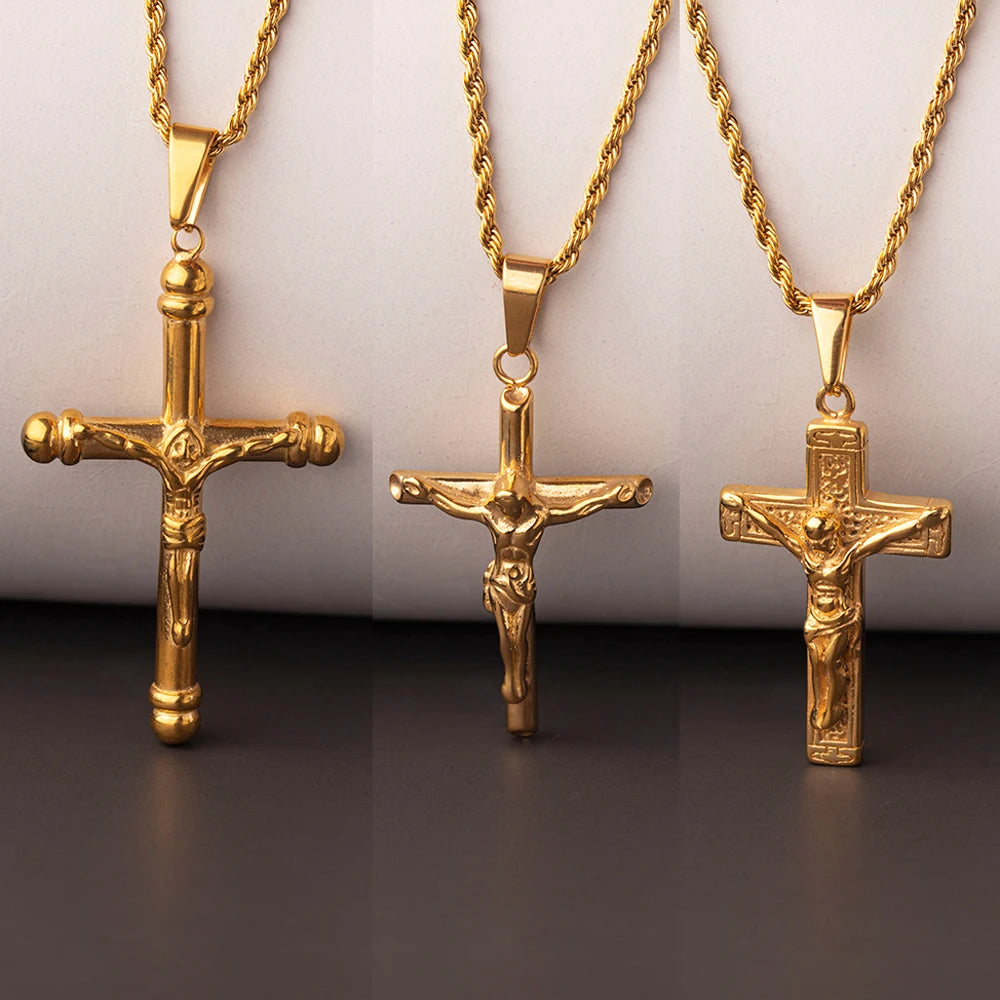 Hot Fashion Stainless Steel Cross Pendants Necklace Jewelry 18k Gold Plated Tarnish Free Jesus Crucifix Cross Necklaces for Men