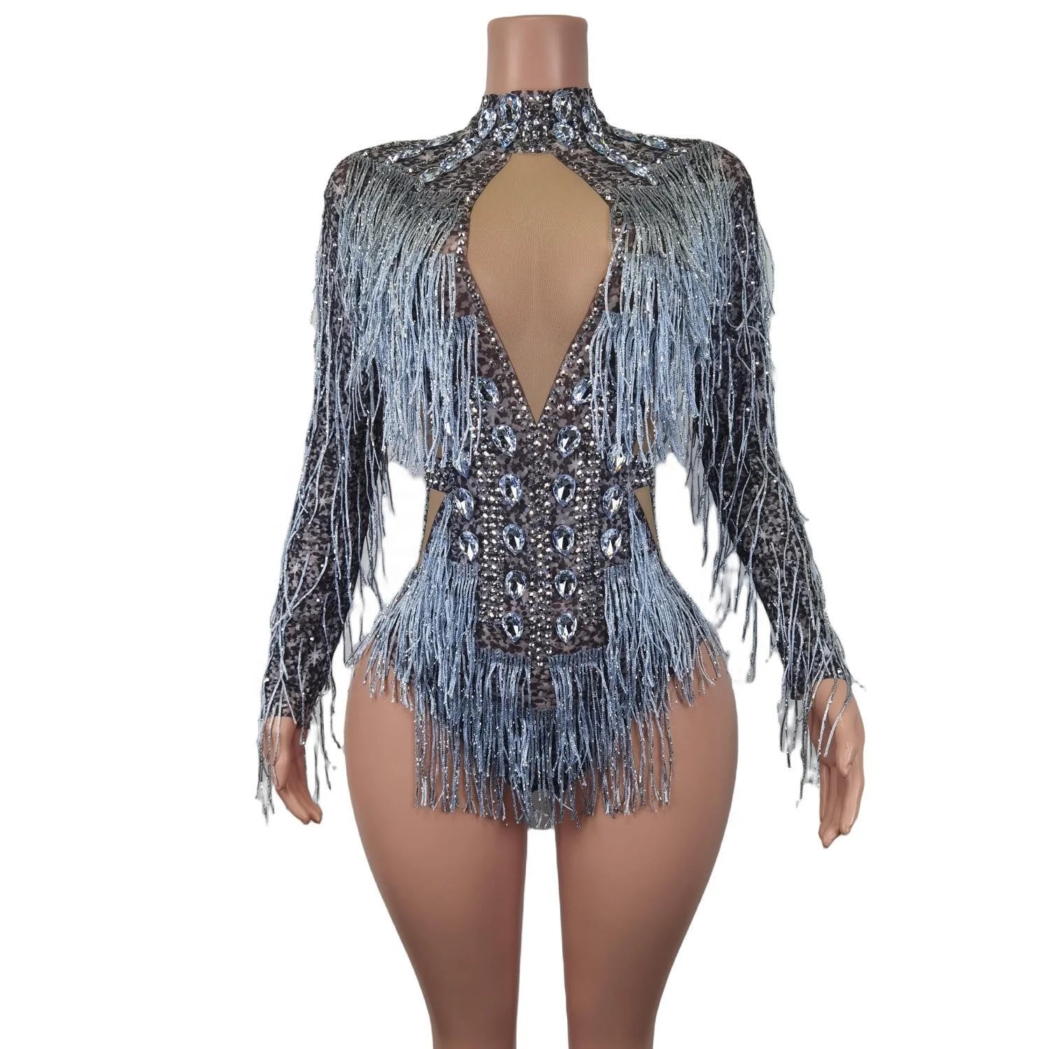 Leotardos Sexy Crystal Bodycon Rompers Show Leotard Club Dancer Outfits Ladies Fringes Bodysuit Women One Piece Short Jumpsuit
