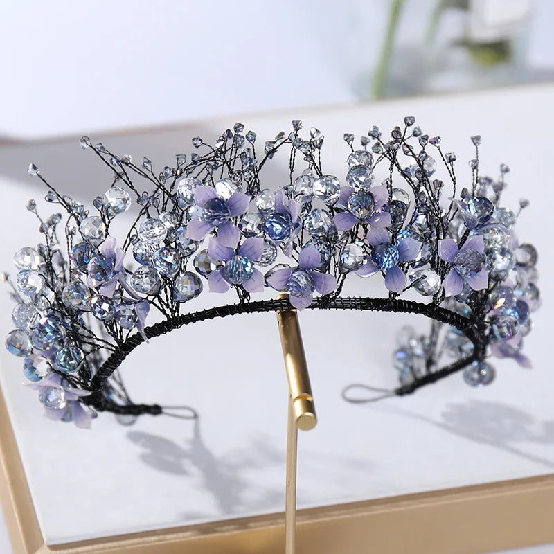 Luxurious Purple Crystal Crown Earrings Set for Women Princess Banquet Performance Headpiece Bridal Hair Accessories
