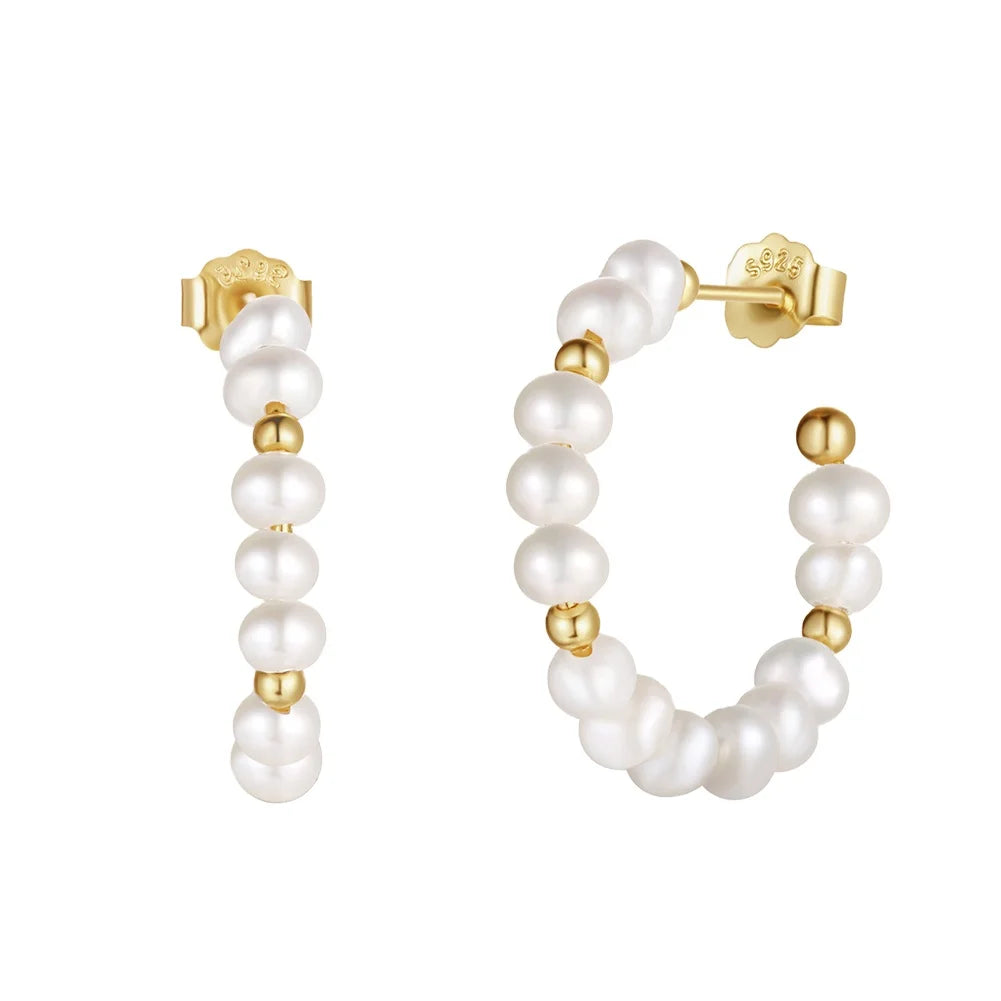 RINNTIN GPE70 New Pearl Beaded Jewelry C Shape Stud Earrings 925 Sterling Silver 14K Gold Plated Freshwater Pearl Earrings