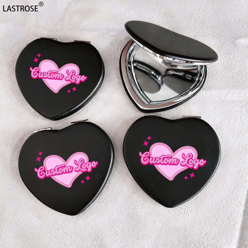 Black Mini Pocket Mirror Heart-Shaped Portable Cosmetic Mirror PU Leather Luxury Metal Folding Mirror