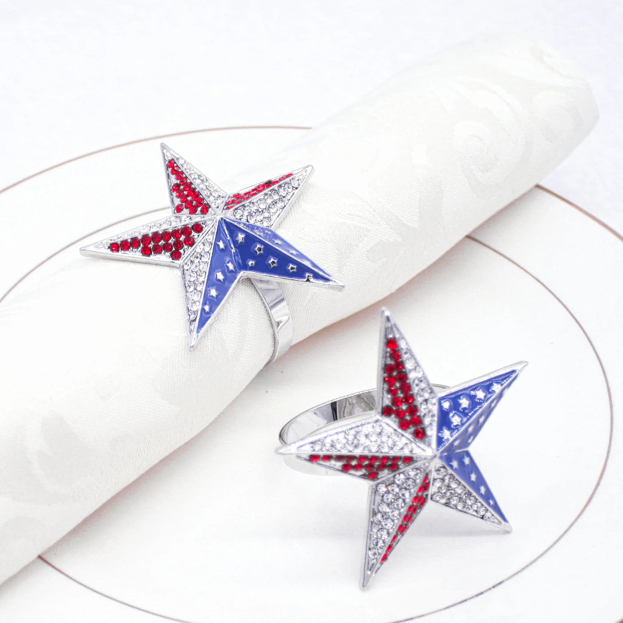 Wholesale Patriotic Star Napkin Ring American Independence Day Party Table Decoration Metal Napkin Holder Rhinestone Stocked