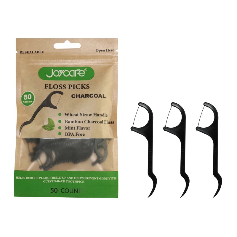 Bamboo Charcoal Dental Floss Pick with Organic Wheat Straw Handle for Eco-friendly Use
