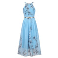 Women Summer Floral Chiffon Halter Long Dress With Belt Sleeveless A-line Fashion Slim Elegant Lady Beach Casual Dress