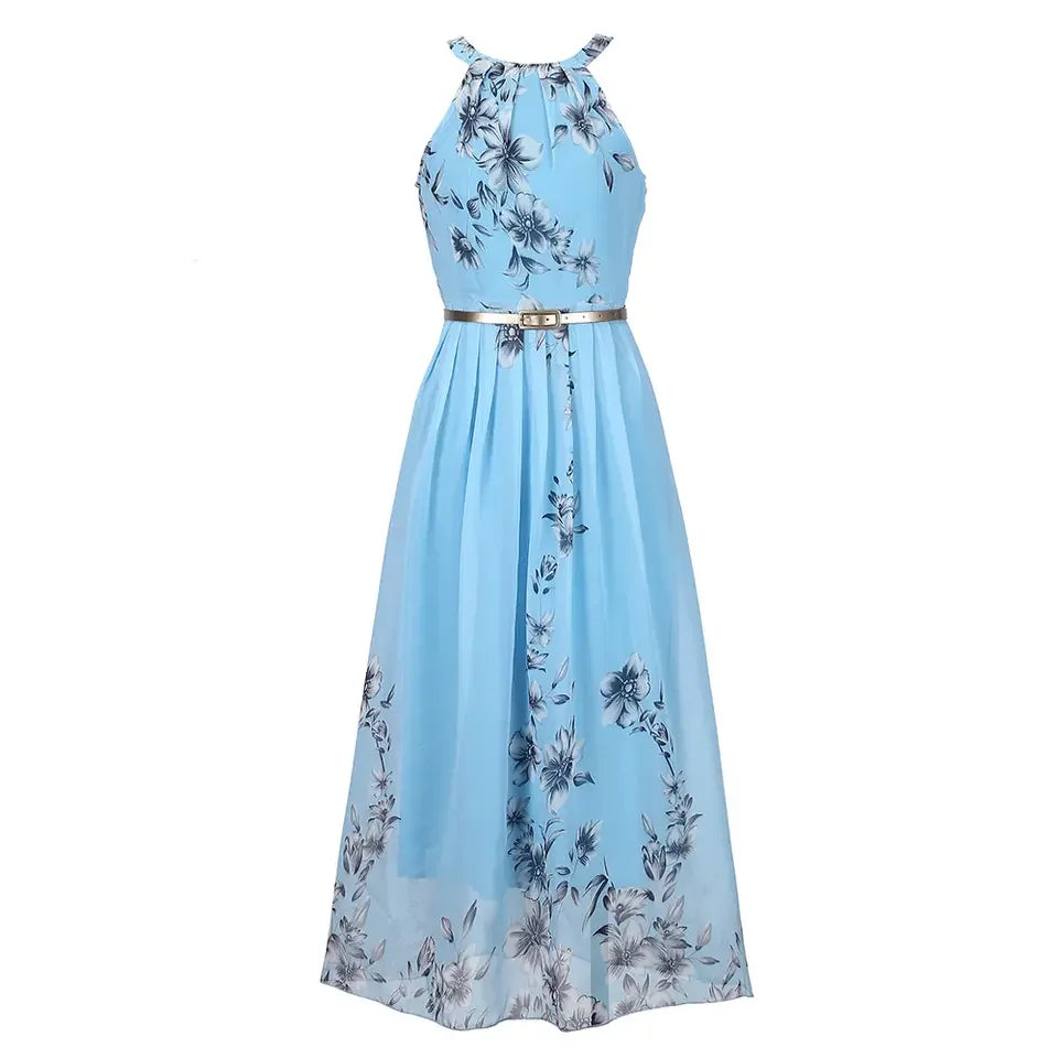 Women Summer Floral Chiffon Halter Long Dress With Belt Sleeveless A-line Fashion Slim Elegant Lady Beach Casual Dress