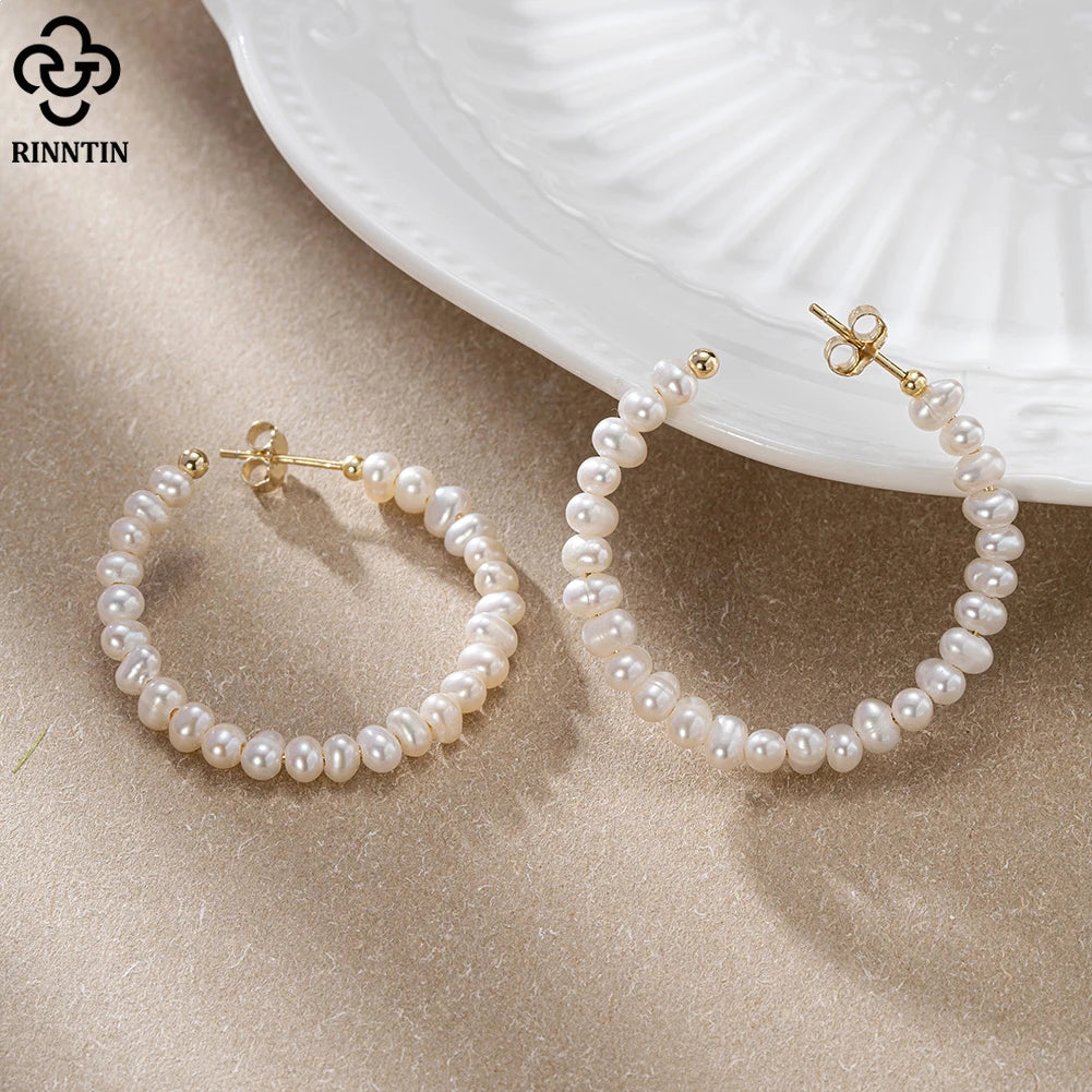 RINNTIN GPE69 2023 Popular Style Sterling Silver 14k Gold Plated Hoop Earrings C-shaped Freshwater Pearl Earrings