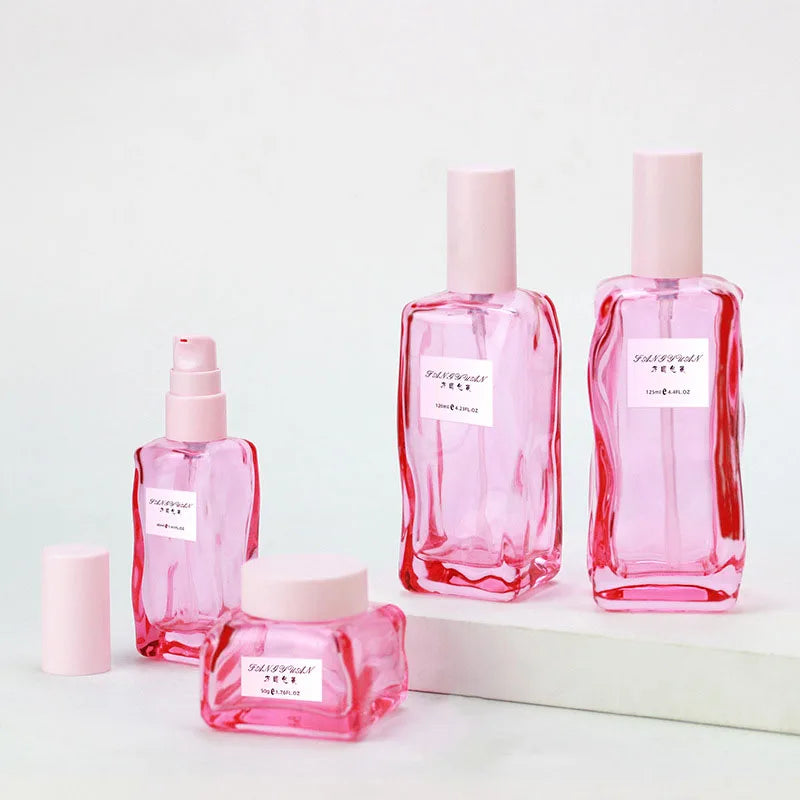 Empty pink Luxury Skincare Lotion Bottles New Cosmetic Packaging Glass Pump Bottle 100ml