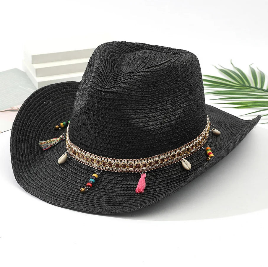 2026 New Bohemian Wide Brim Sun Straw Hats Women Floppy Beach Hats Summer Cowboy Hats with Tassels Adjustable String