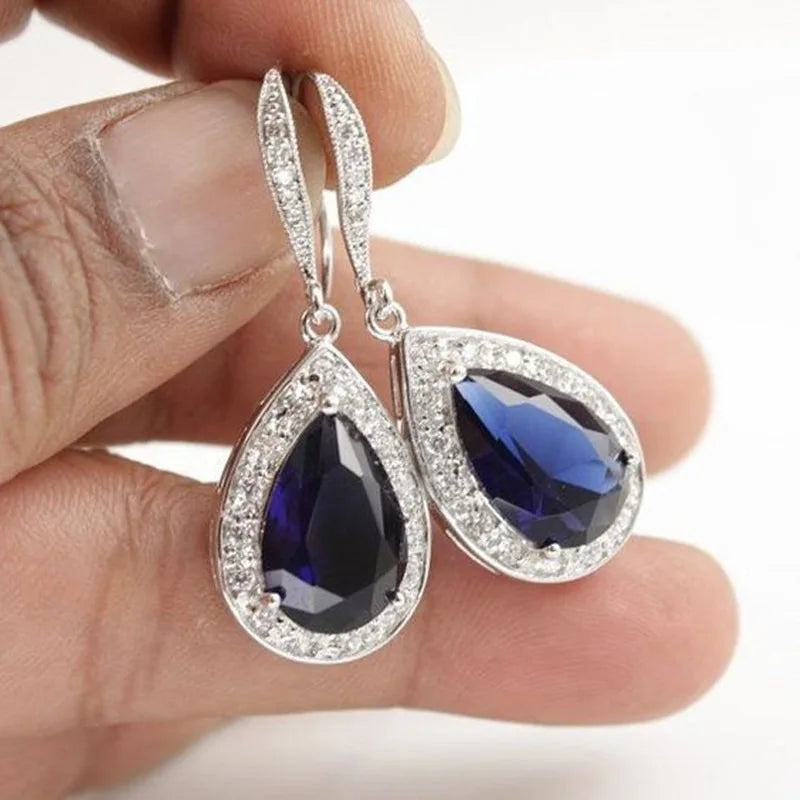 CAOSHI Vintage Water Drop Design Blue Crystal Cubic Zirconia Earrings for Hot Selling Women Wedding Silver Plated Drop Earrings