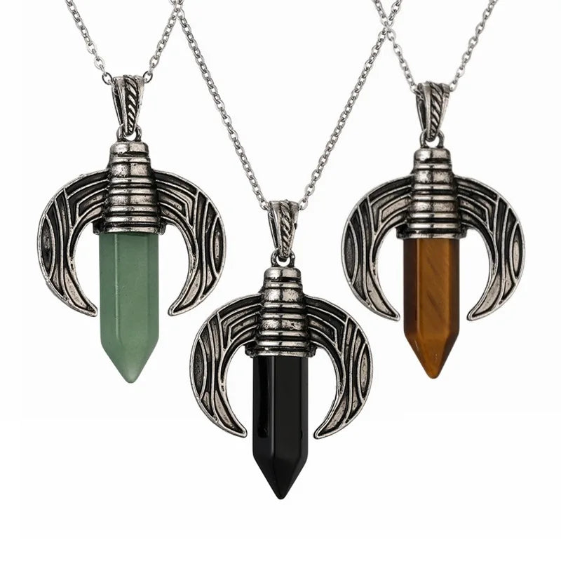 Natural Stone Quartz Hexagonal Agate Bullet Pendulum Crystal Pendant Necklace for Women and Men Stainless Steel Chain