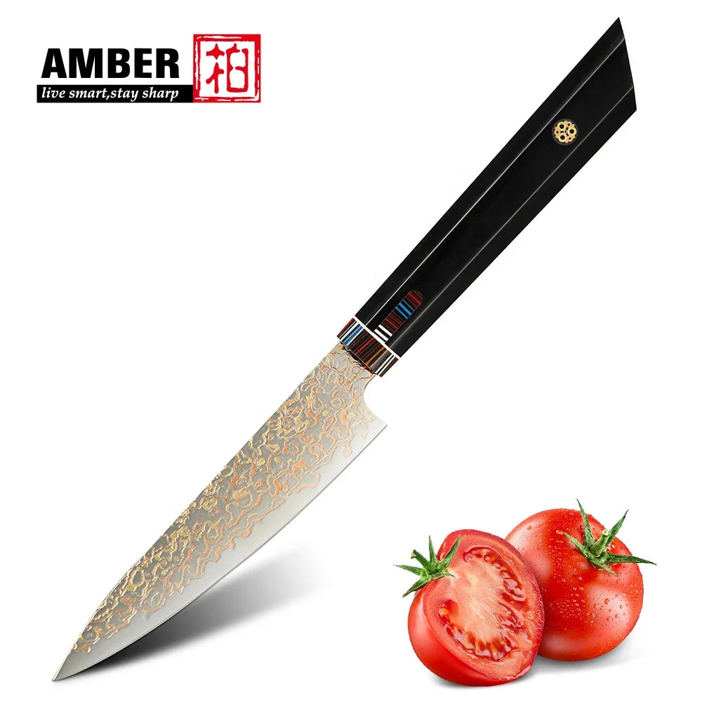 Amber Top Quality VG10 Copper Damascus Steel Japanese Kitchen Chef Bread Slice Utility Paring Knives With Resin Handle
