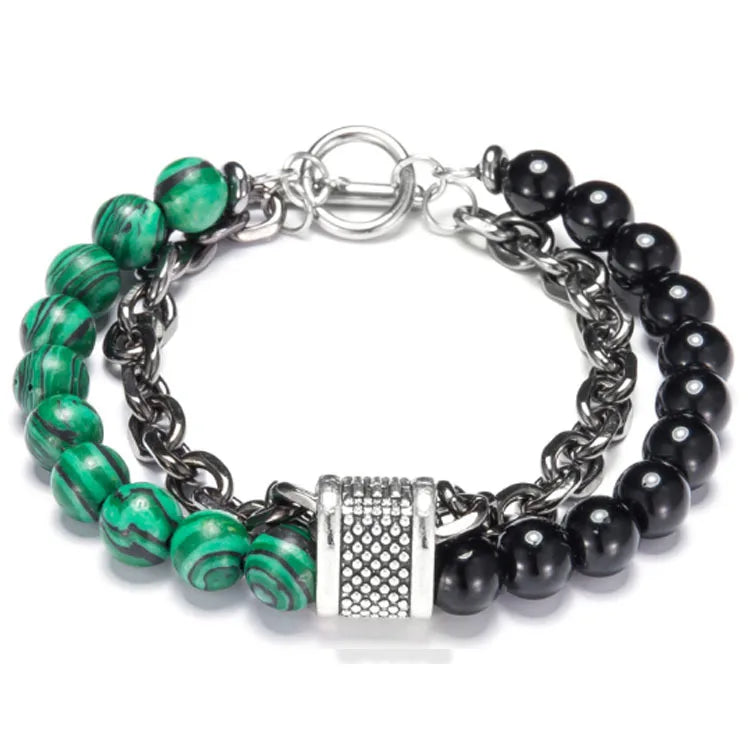 Men's Women's Cool Bracelet Syn.Turquoise Black Onyx Agate Beads Metal&Natural Stone Healing Crystal Metal Link Gift