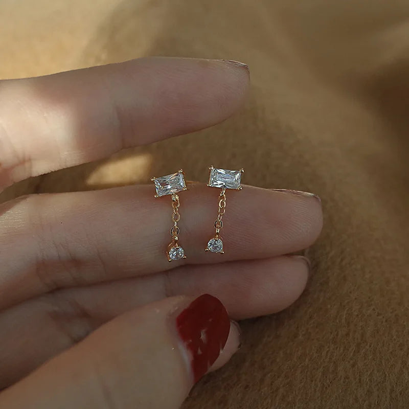 Hot Sale Pure 925 Sterling Silver Simple Fashion Shiny Square Zircon Tassel Stud Earrings for Women Girls