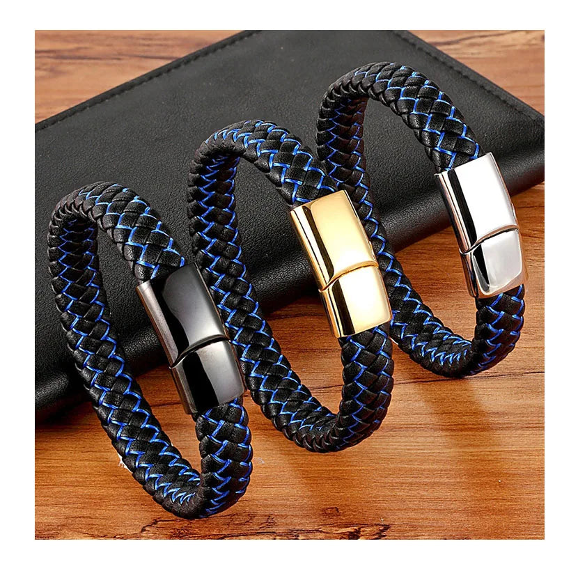 European Black Blue Braided Genuine Leather Bracelet Fashion Jewelry Leather Men's Bracelet Bangle with Magnetic Clasp Bangle