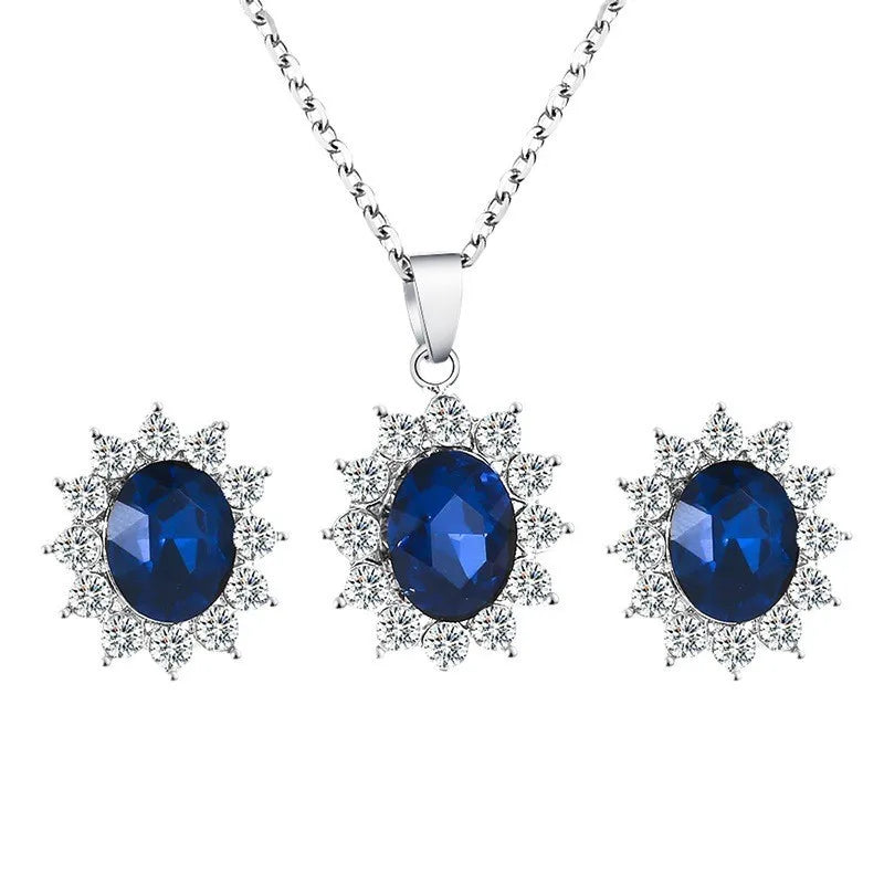 Wholesale Women's Trendy Alloy Blue Sunflower Rhinestone Jewelry Sets-Wedding Party Gift Necklace Earrings