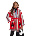 Winter Bohemian Geometric Jacquard Oversize Long Sleeves Vintage Tassel Collar Red Sweater Cardigan