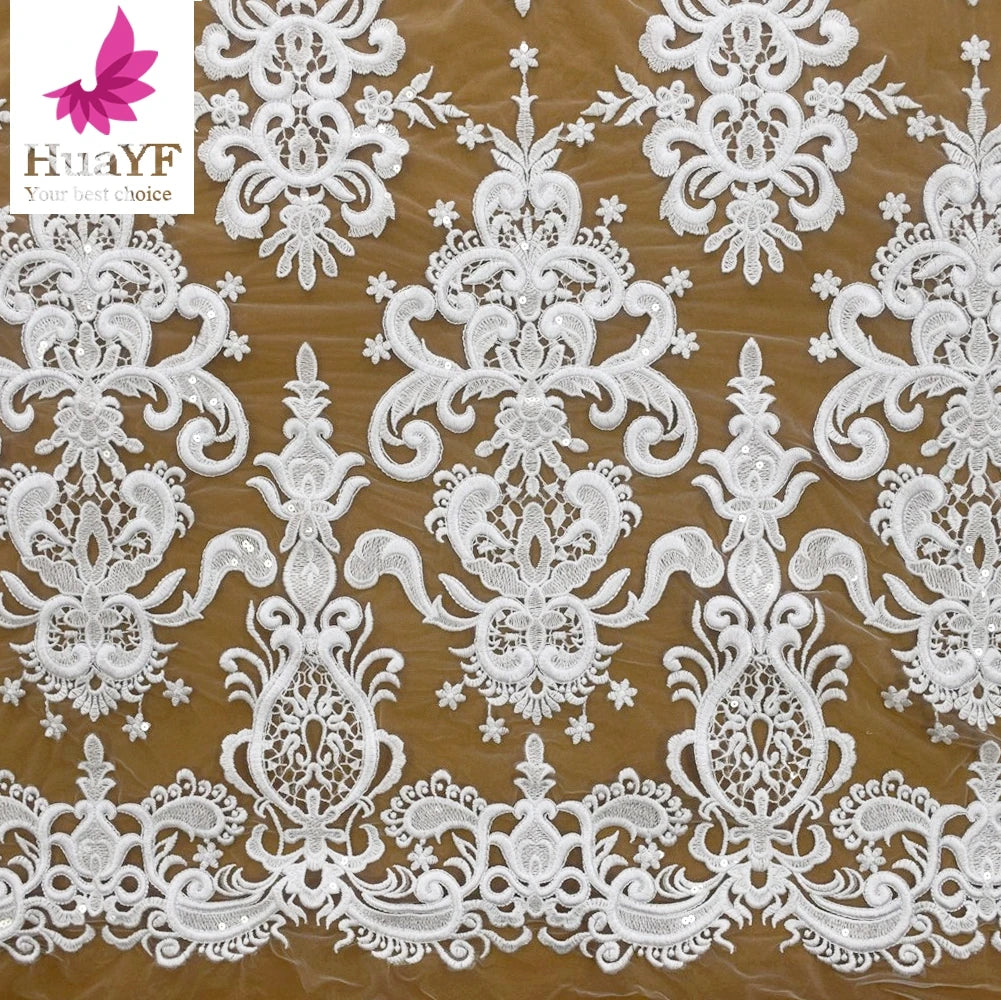2022 Hottest Pure White Sequins Embroidered Fabric French Tulle Lace for Bridal Nigerian Wedding Dress HY1553-3