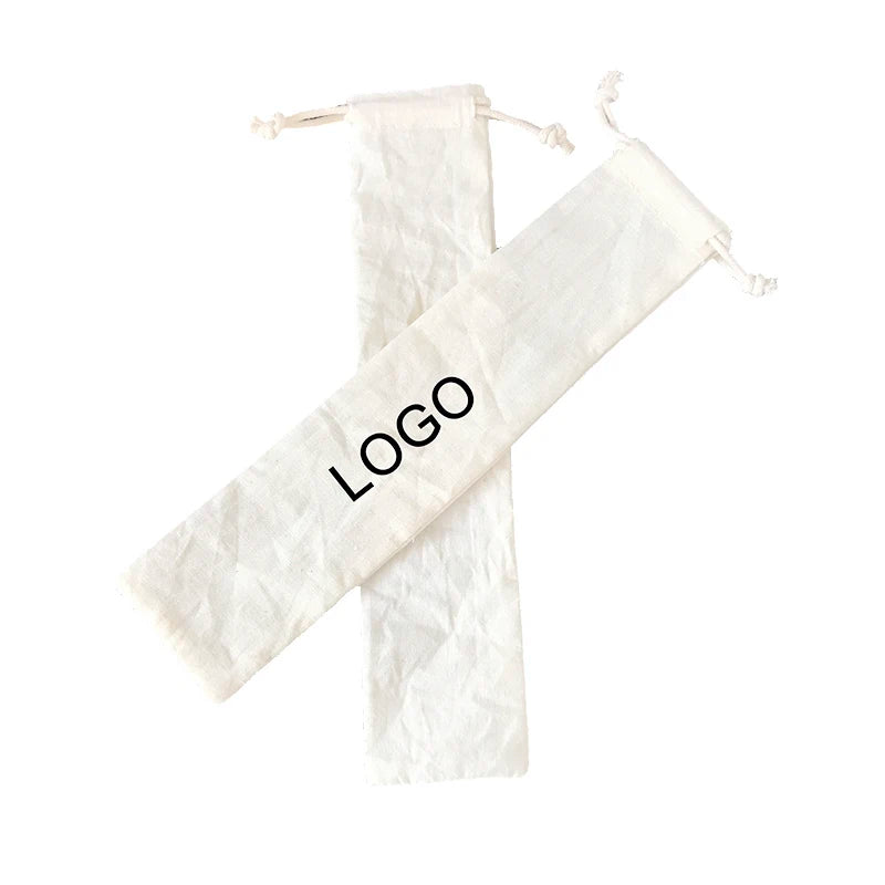 Custom Logo 5x23cm Muslin Calico Drinking Straw Bag Small Organic Cotton Chopsticks Bags