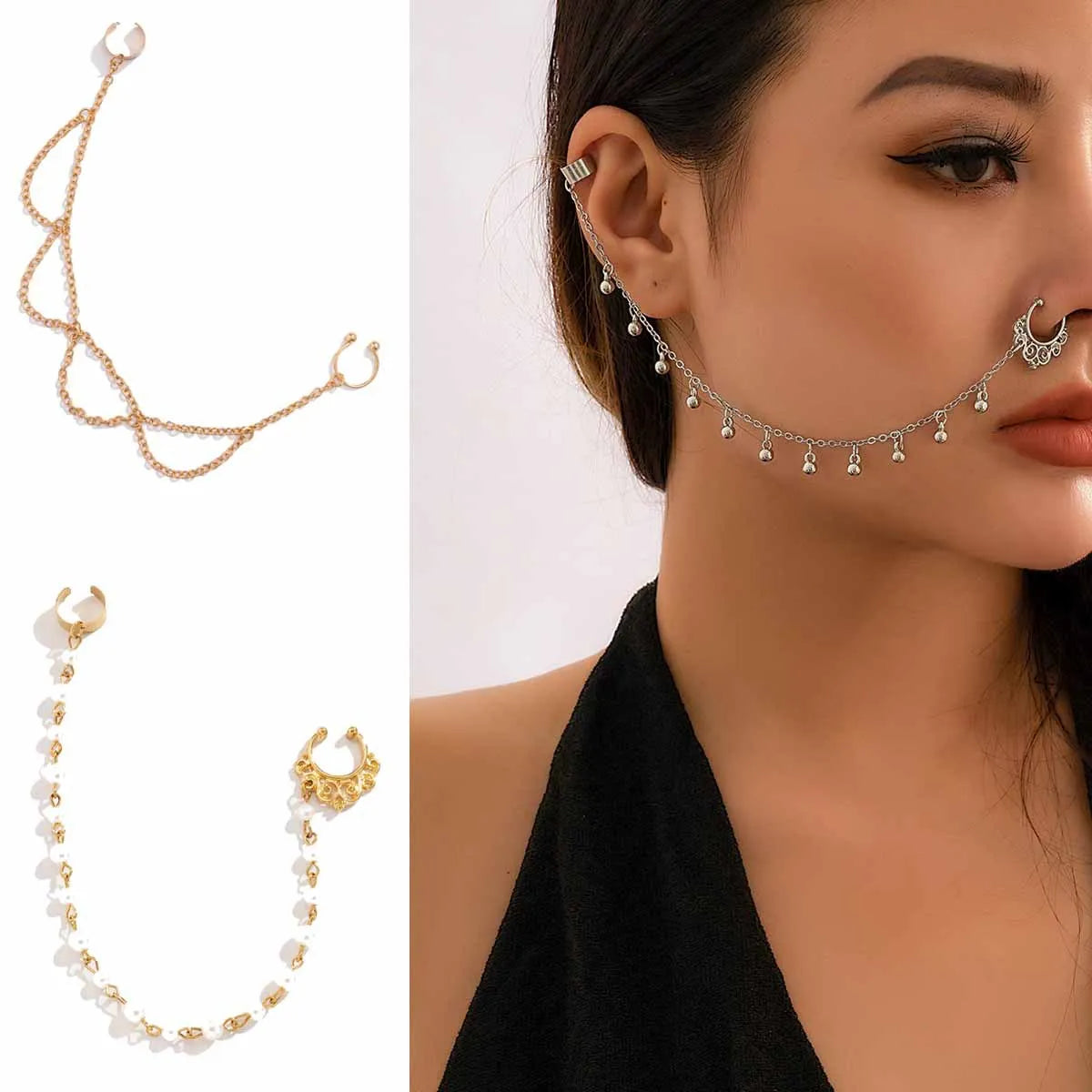 2022 New Arrival Ladies Pearl Tassel Nose Ring Small Round Bead Personality Ear Stud Nose Ring for Women and Girls