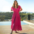 2025 Summer New V-Neck Retro Embroidery Hollow Flower Belt Flying Sleeve Waist A-Line Holiday Long Dress Washable Weaved