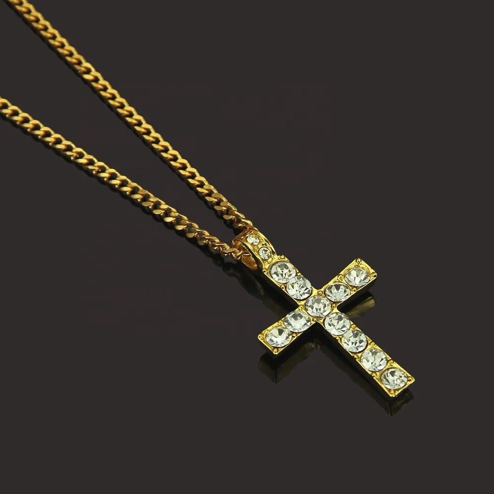 New Hip Hop Alloy Gold Plated Christian Jesus Cross Lab Created Crystal Rhinestone Pendant Necklace Link Chain Fashion Party