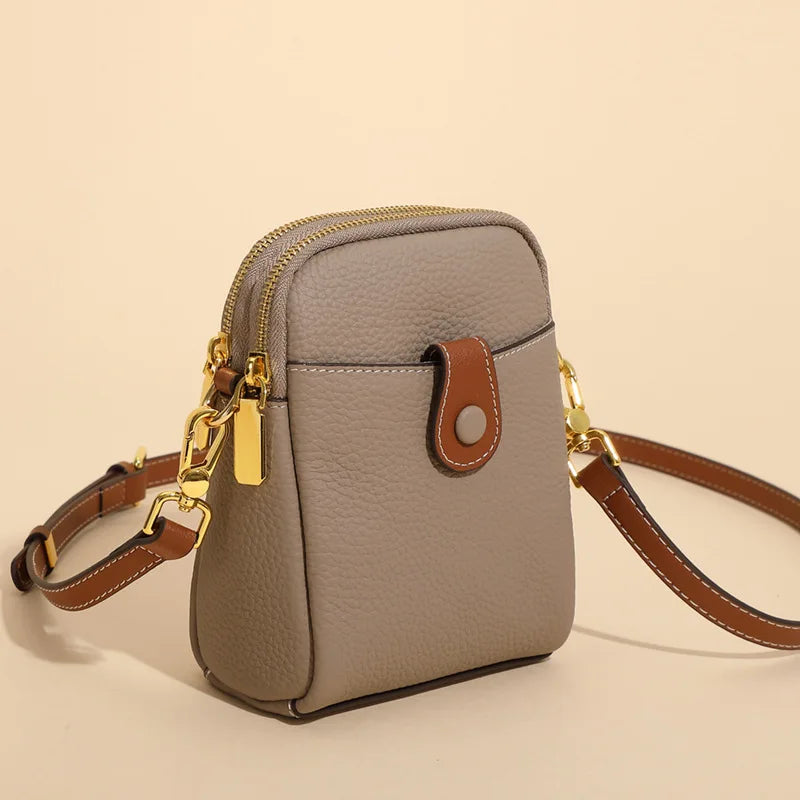 Summer Simplicity Cowhide Leather Women's Messenger Phone Handbags Small Purses Zipper Closure Real Leather Shoulder Bag