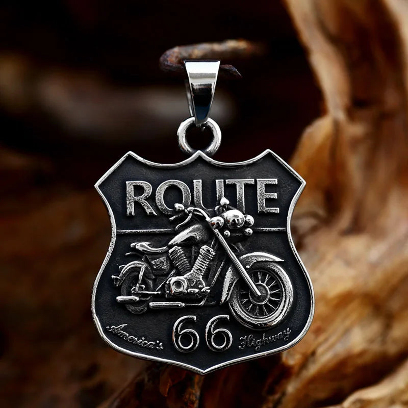 SS8-1054P 2023 New Arrival Stainless Steel Route 66 Road Sign Pendant Motorcycle Biker Pendant Punk Hip Hop Jewelry Gift for Men