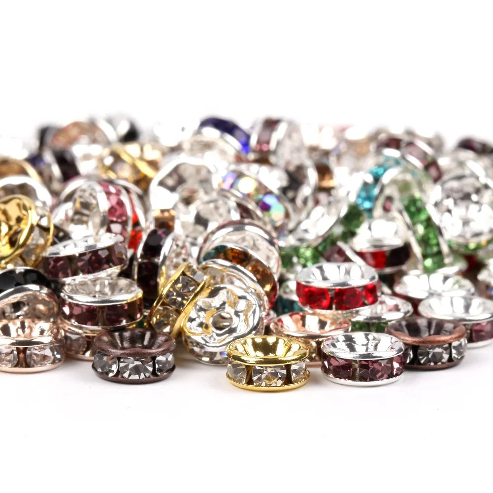 50pcs Metal Gold/Silver Color Glass Crystal Rhinestone Round Loose Spacer Beads Trendy Jewelry Making DIY Bracelet Necklace