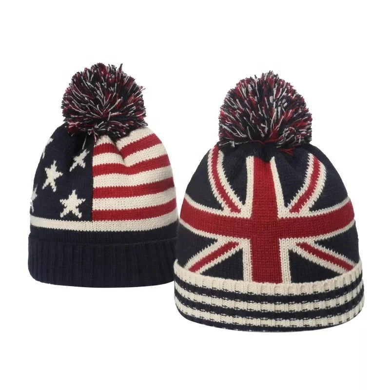 Wholesale Autumn Winter American UK Flag Keep Warm Stripe Beanie Knitting Pompom Ball Knitted Hats With Ball for Unisex