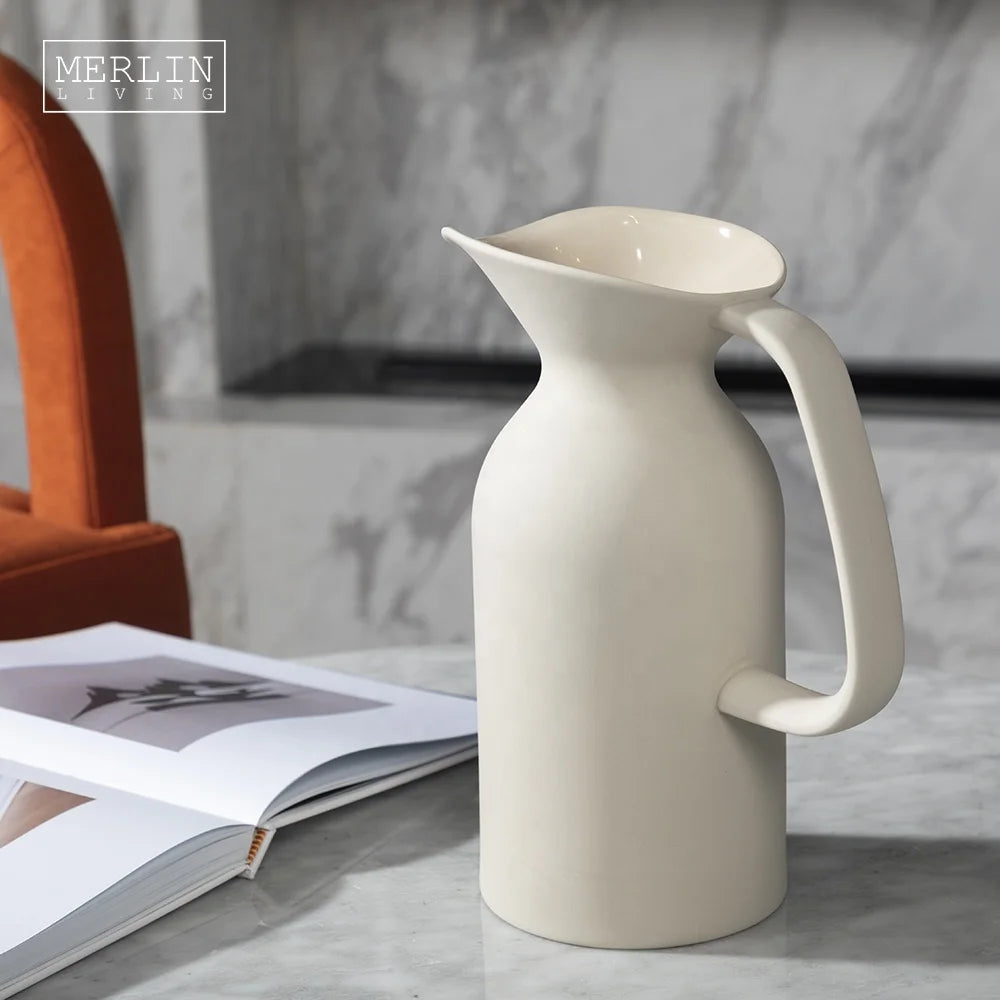 Merlin Living Nordic Milk Color Porcelain Kettle Shape With Handle Vase Ceramic Matte Modern Home Decor With Vases Flower MegaBDM