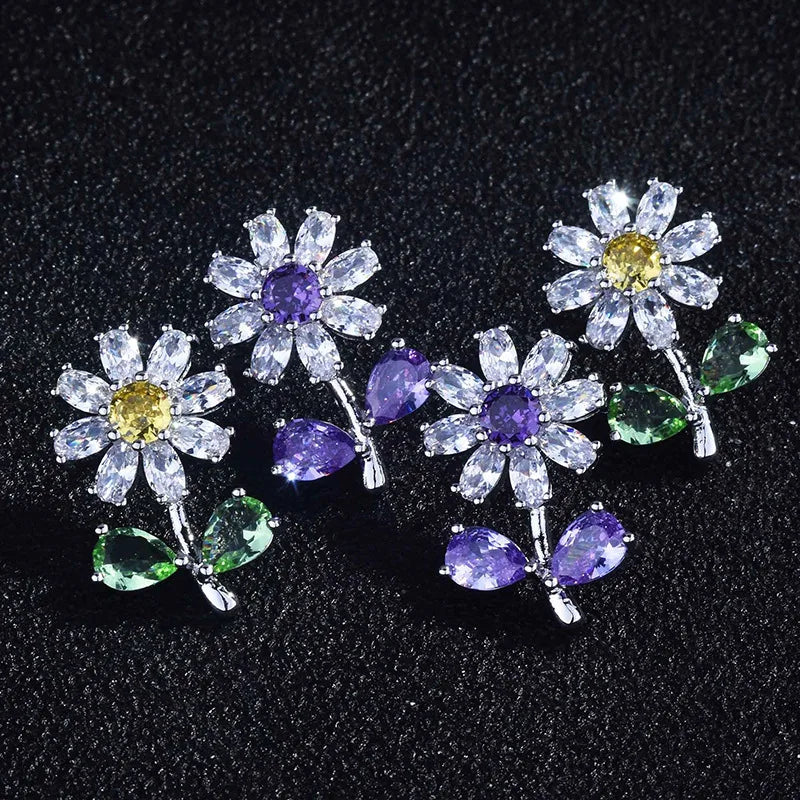 CAOSHI Women Daisy Stud Earrings with Green Leaf Yellow Flower Fancy Ear Cute CZ Girls Trendy Earrings Silver Plating