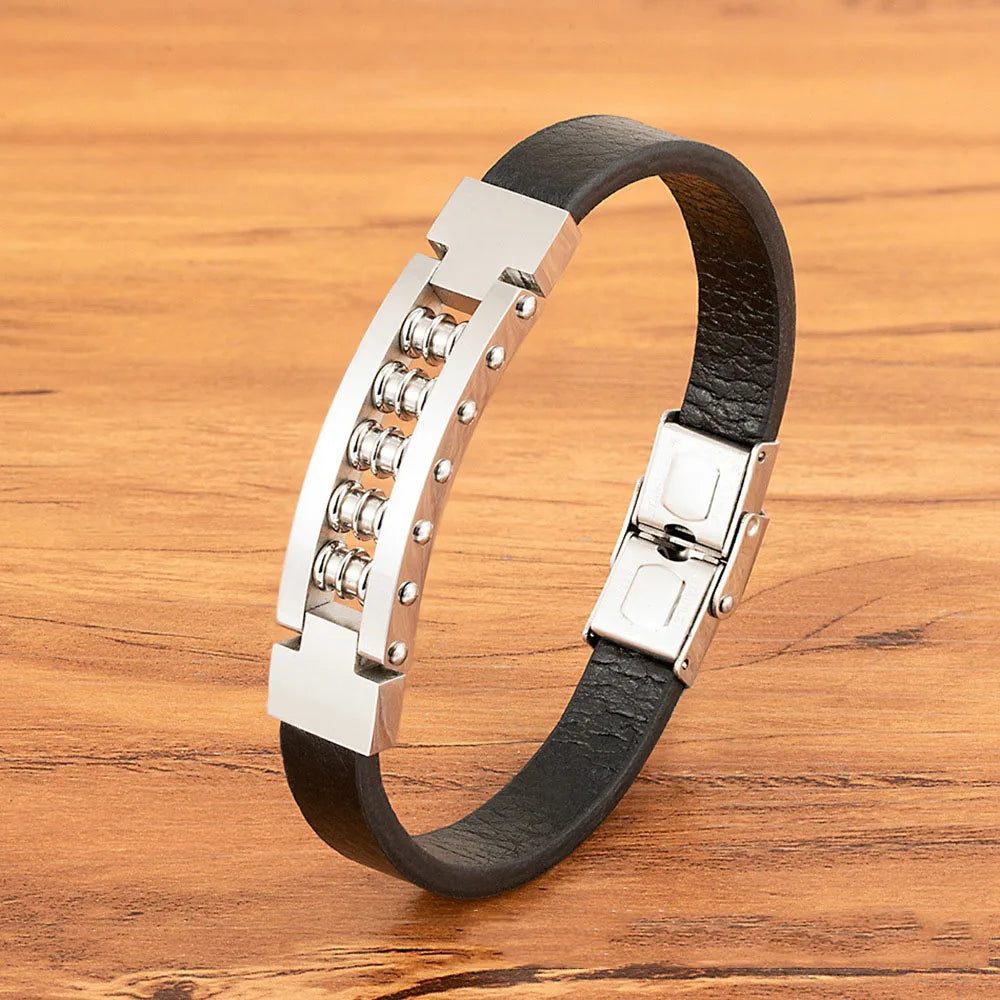 Trendy Hollow Stainless Steel Genuine Leather Bracelet Creative Mens Leather Bracelet with Stainless Steel Buckle