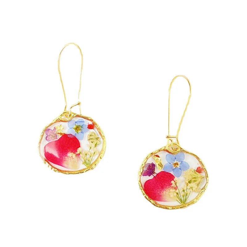 2025 Creative Handmade Irregular Round Resin Earring Rose Petals Dried Flower Earrings for Women