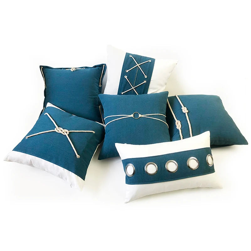 Modern Navy Blue Cotton Throw Pillow Cover Square Cushion Woven Rope Decoration Home Decorative Cushion for Bed for Hotels
