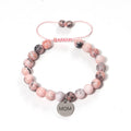 Custom Handmade Engraved Round Initial MOM Charm Bracelet Adjustable Pink Zebra Natural Stone Beaded Bracelet for Gift