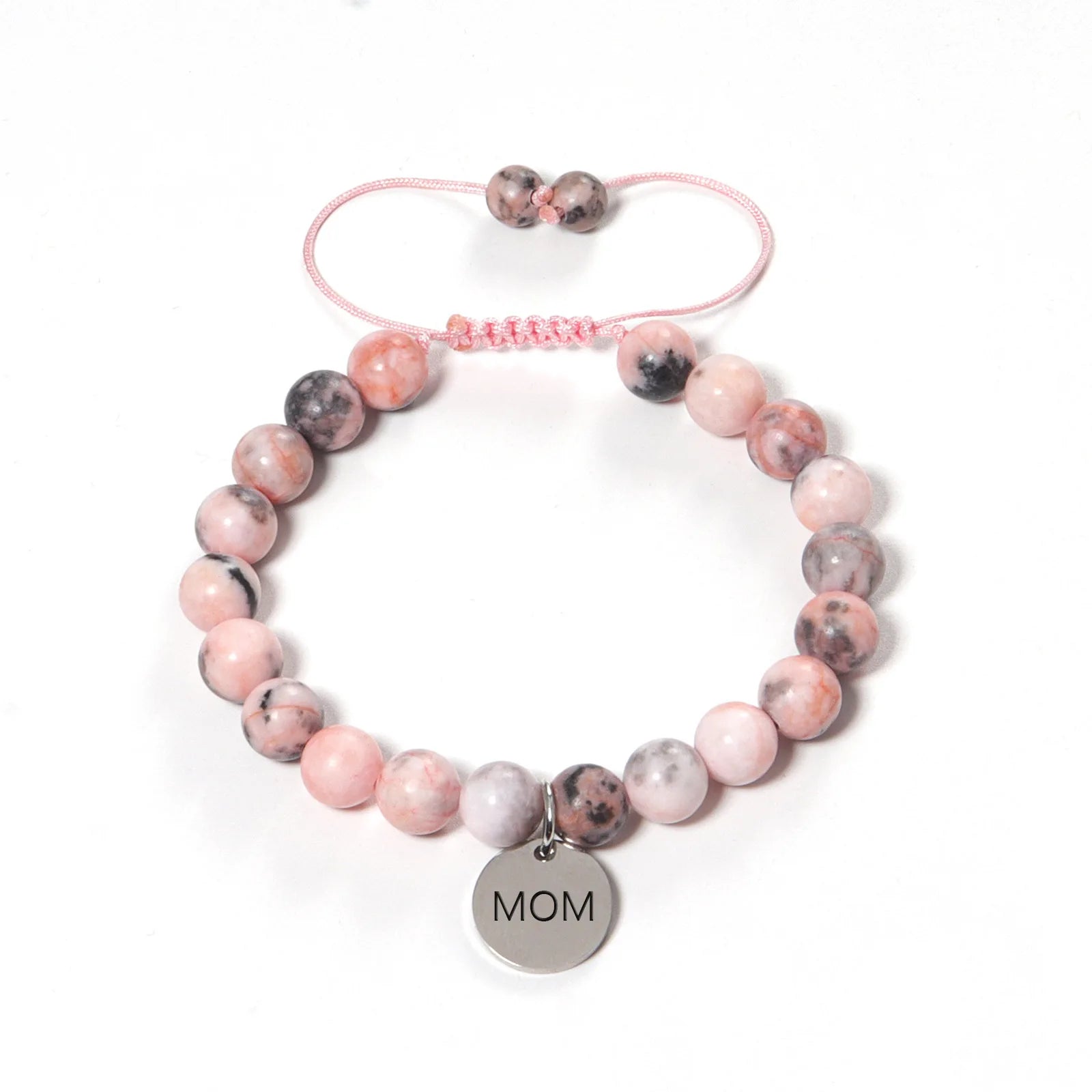Custom Handmade Engraved Round Initial MOM Charm Bracelet Adjustable Pink Zebra Natural Stone Beaded Bracelet for Gift