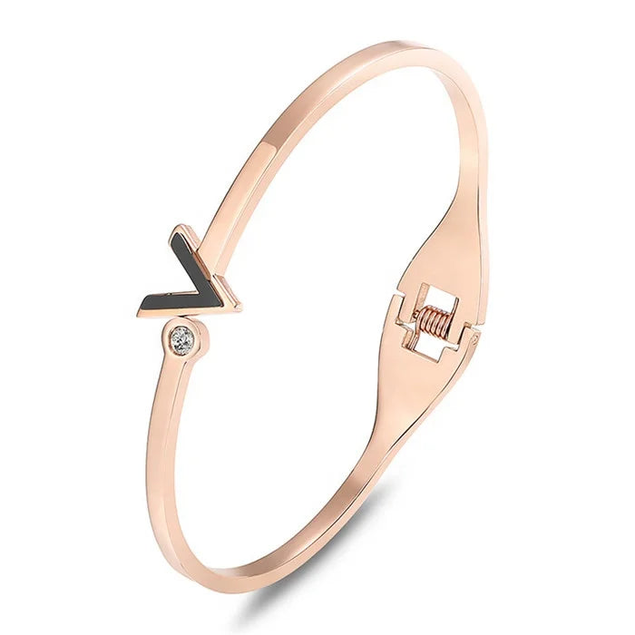 Silver Rose Gold Titanium Steel Alphabet v Bracelet with Diamond