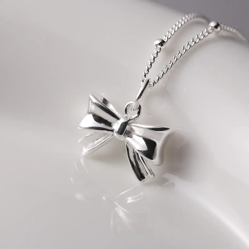 925 Sterling Silver Bow Necklace Cute Dainty Pendant Perfect Gift for Her Daughter Girlfriend Everyday Wear Fashion Jewelry
