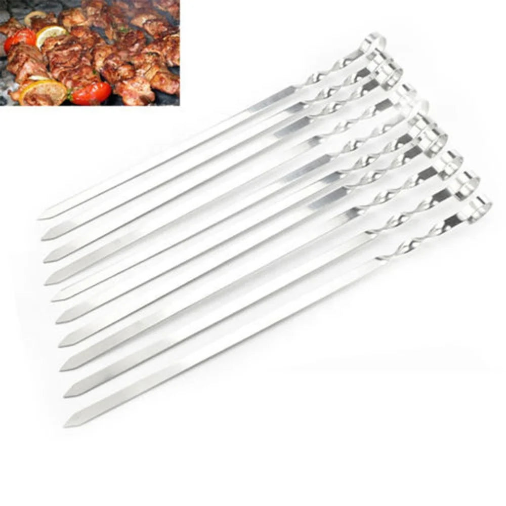 10Pcs/set Stainless Steel BBQ Barbecue Skewer Roast Stick Grilling Kabob Kebab Flat Skewers Needle Wholesale