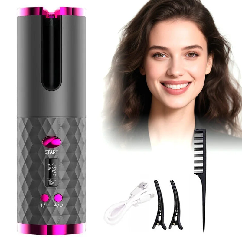 Rechargeable Hair Curler Wireless Smart Auto LCD Screen Portable Hair Curler PTC Heat 4 Temperature Hair Curling Iron Auto Tool