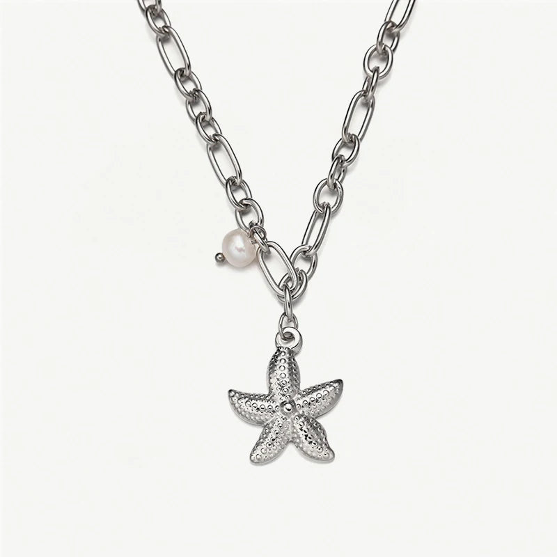 Waterproof 18K Gold Plated Stainless Steel Starfish Ocean Series Chunky Choker Pendant Necklace Trendy Style for Girls