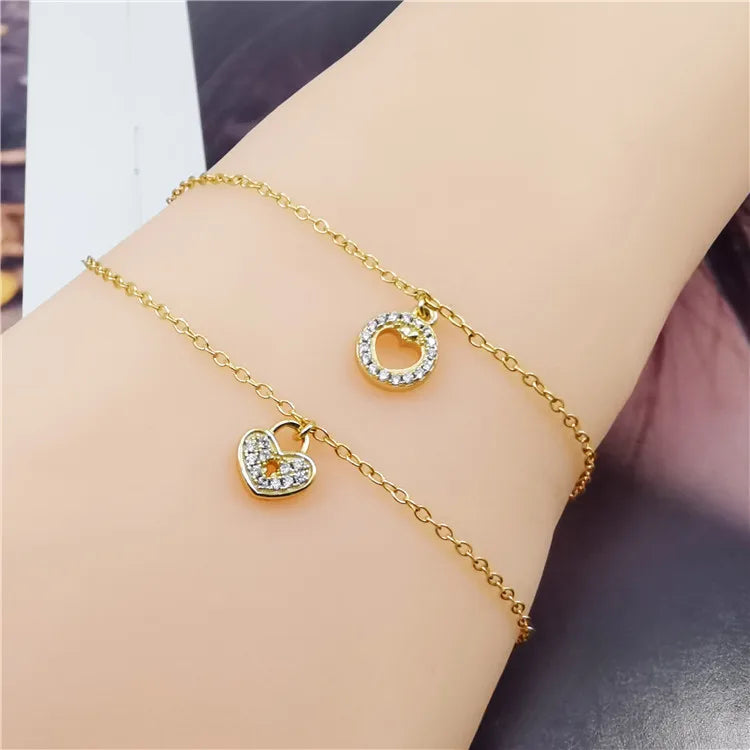 Wholesale Women 925 Sterling Silver Jewelry Gold Plated Heart Couple Zircon Pendant Chain Bracelets