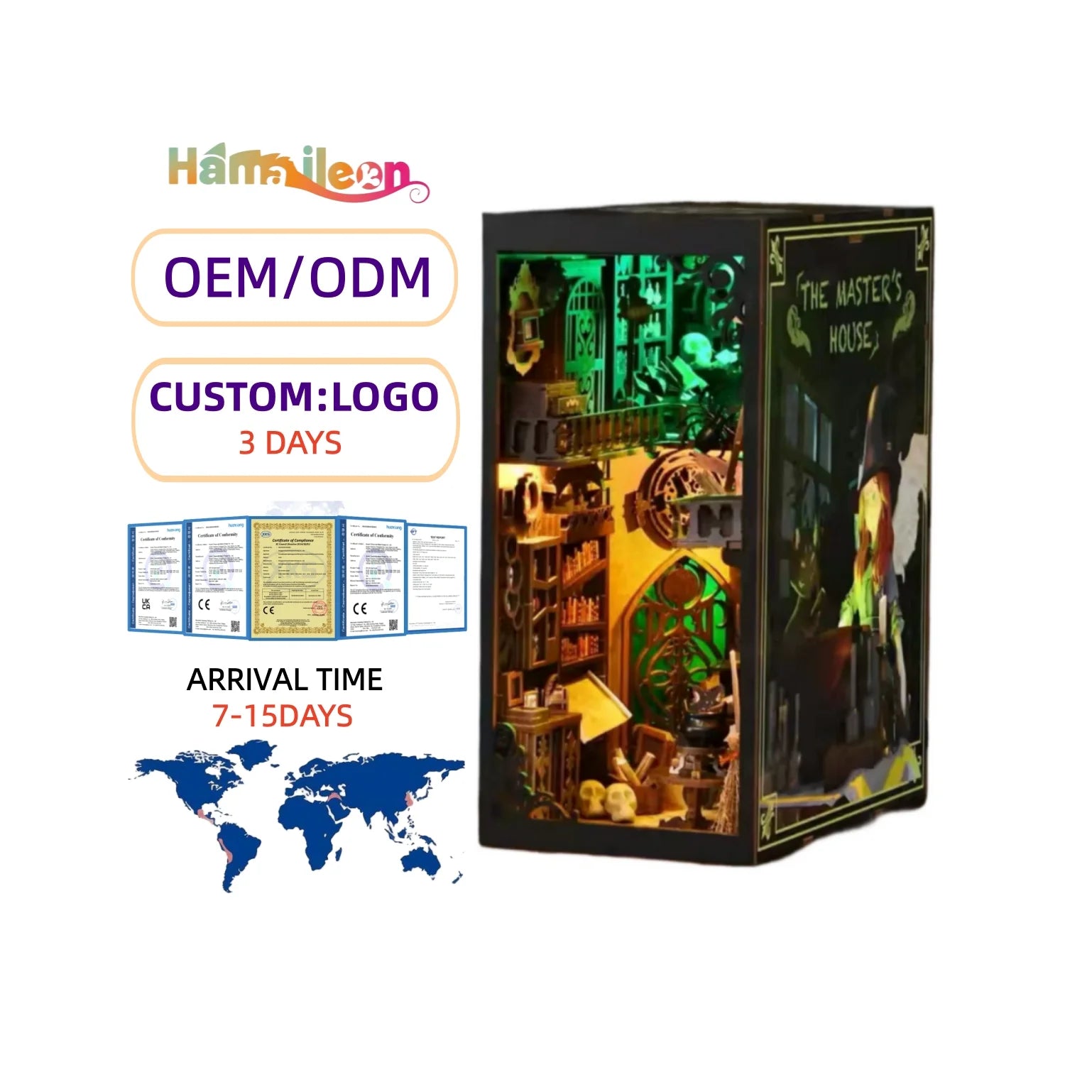 Hamaileon Newest Q Version DIY Eco-friendly Book Nook Kit 3D Wooden Puzzle Miniature Model House Sensor Light Sets No Batteries