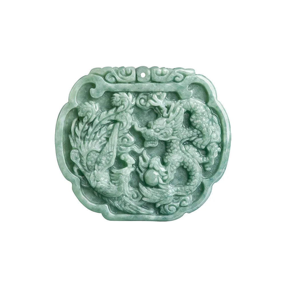 Wholesale Natural Jadeite the Dragon and the Phoenix Are Auspicious Lucky Green Necklace Pendant