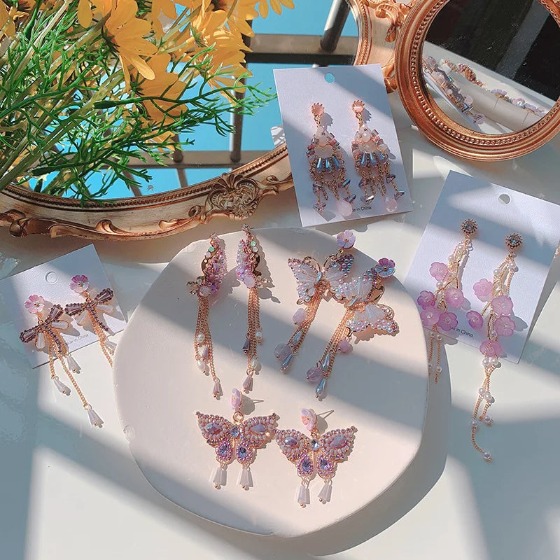 HOVANCI 3 Elegant Butterfly Jewelry New  Flowers Grape Rhinestone Pearl Dangle Earrings Full Purple Crystal Butterfly Earring